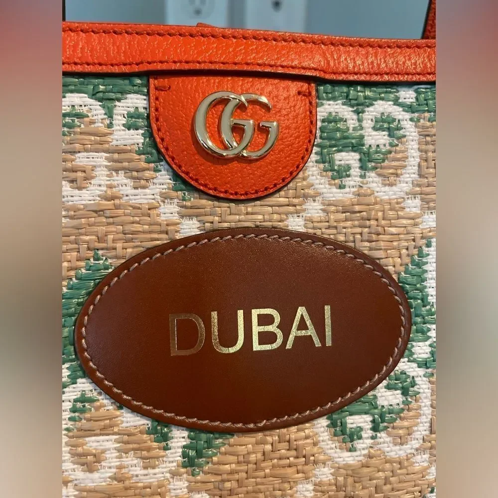 Gucci x Dubai Exclusive GG Raffia Tote Bag – NWT – Orange Leather Trim